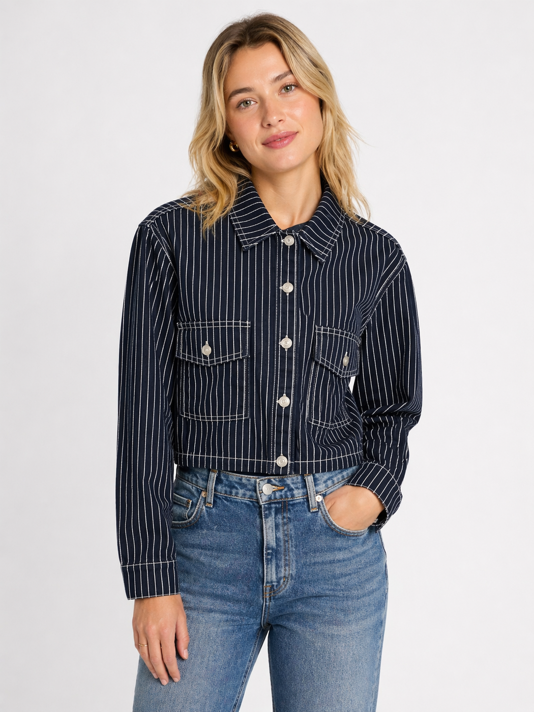 Deep Blue Button Down Stripe Denim Short Jacket