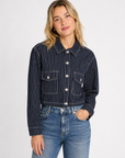 Deep Blue Button Down Stripe Denim Short Jacket