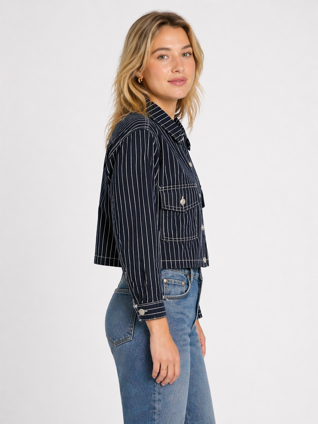 Deep Blue Button Down Stripe Denim Short Jacket
