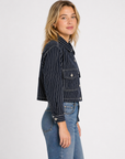 Deep Blue Button Down Stripe Denim Short Jacket