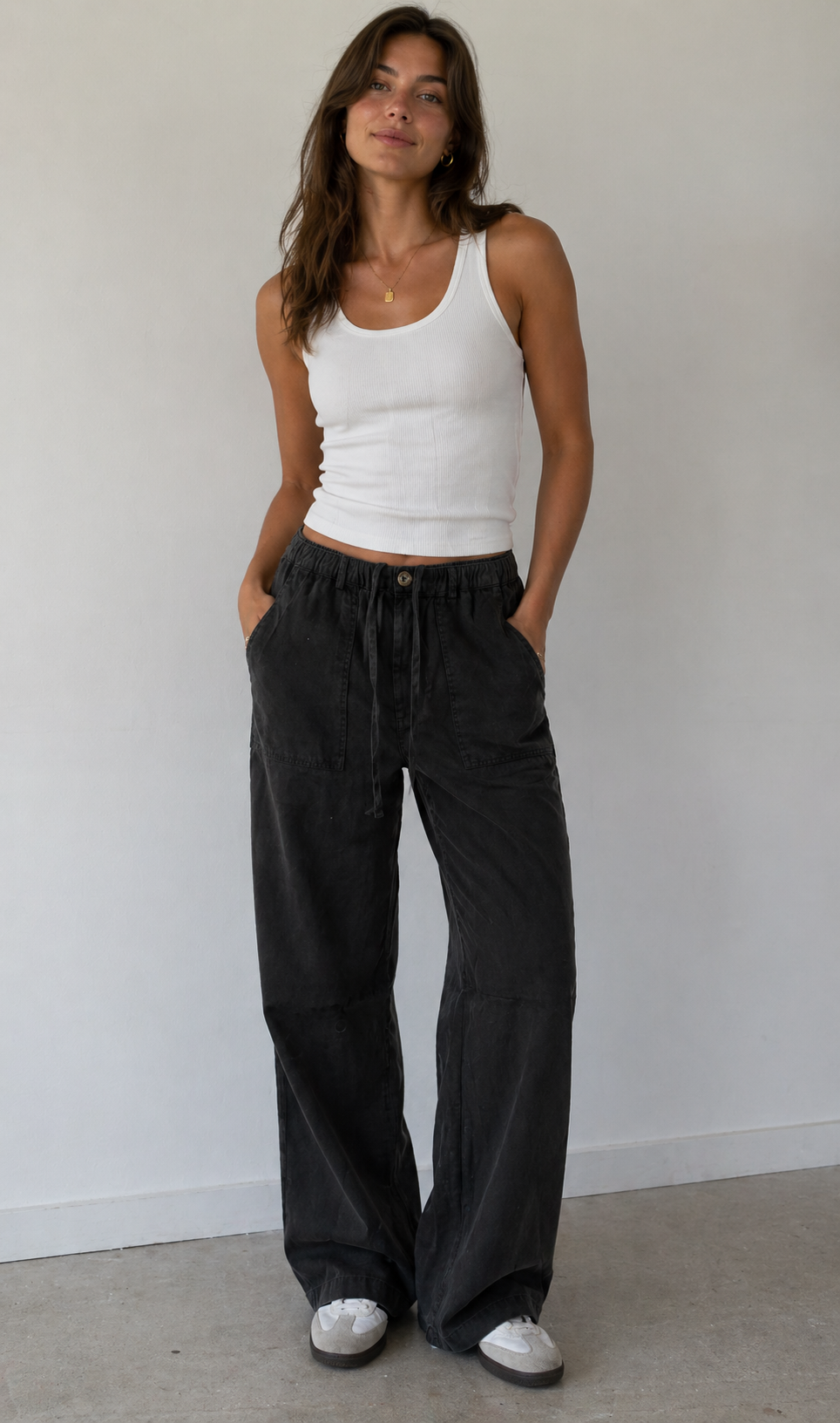 Charcoal Linen Blend Barrel Tapered Pants