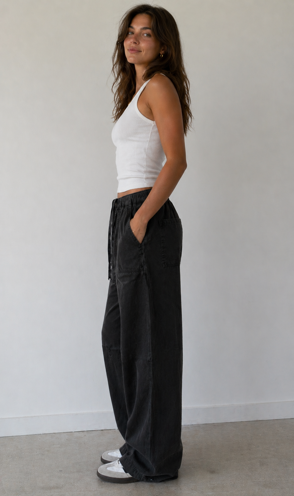 Charcoal Linen Blend Barrel Tapered Pants
