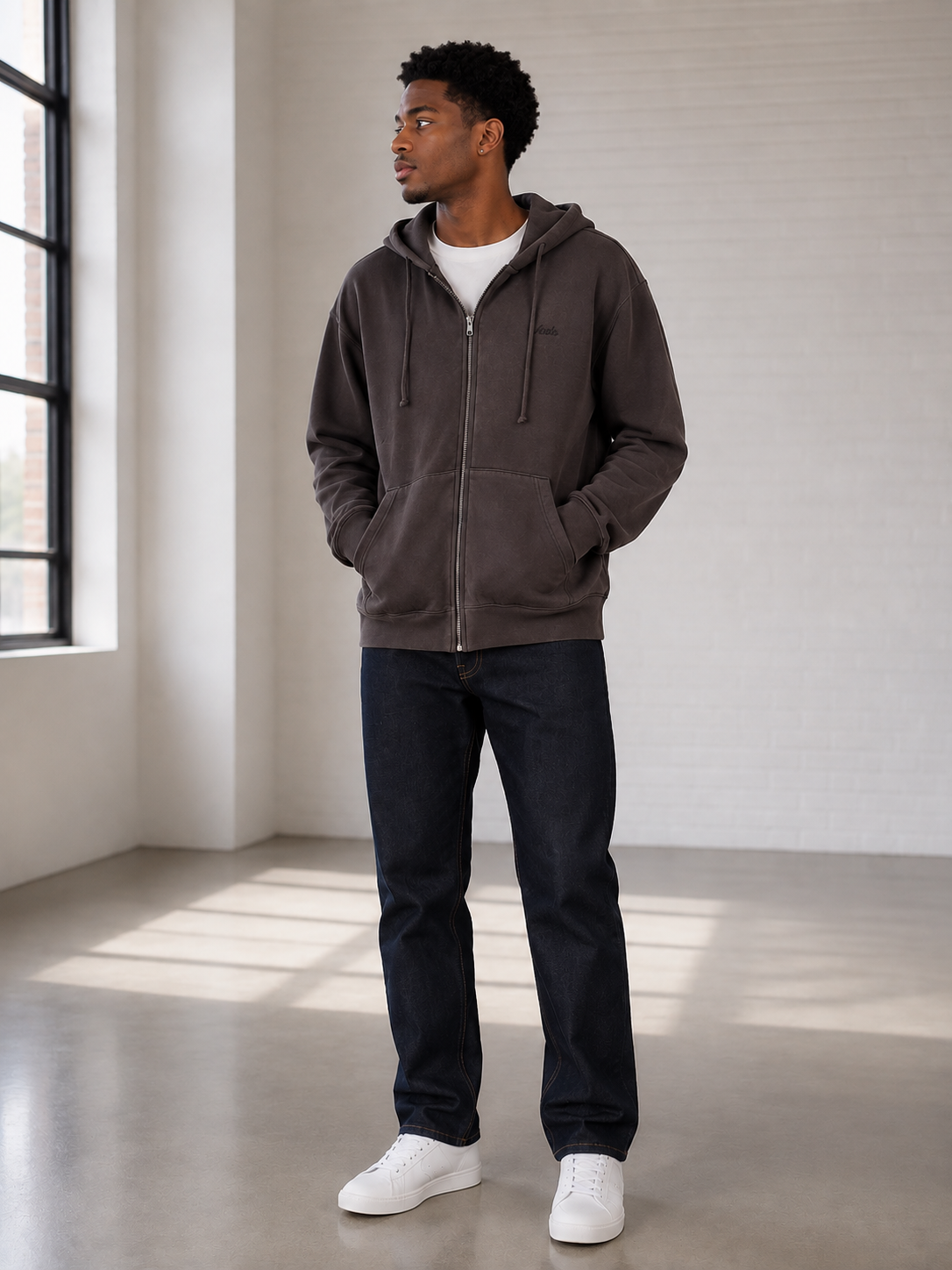 Black Wash Emb Full Zip Fleece Hoodie