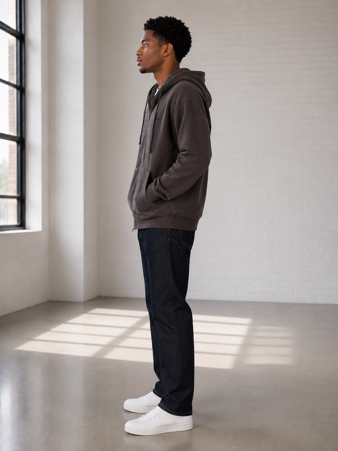 Black Wash Emb Full Zip Fleece Hoodie
