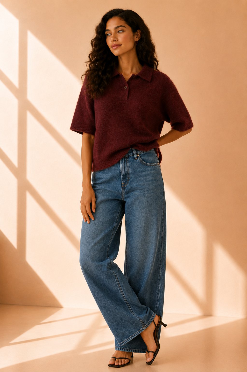 Cherry Wine Nadya Alpaca Blend Boxy Polo Sweater