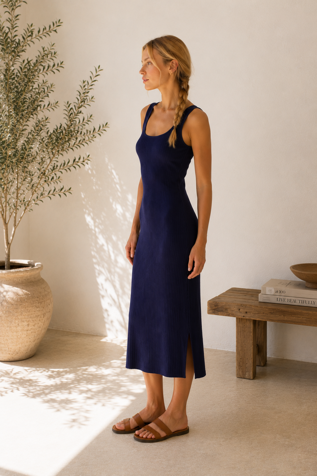 Navy Apollo Ribbed Midi Dress - W2288D