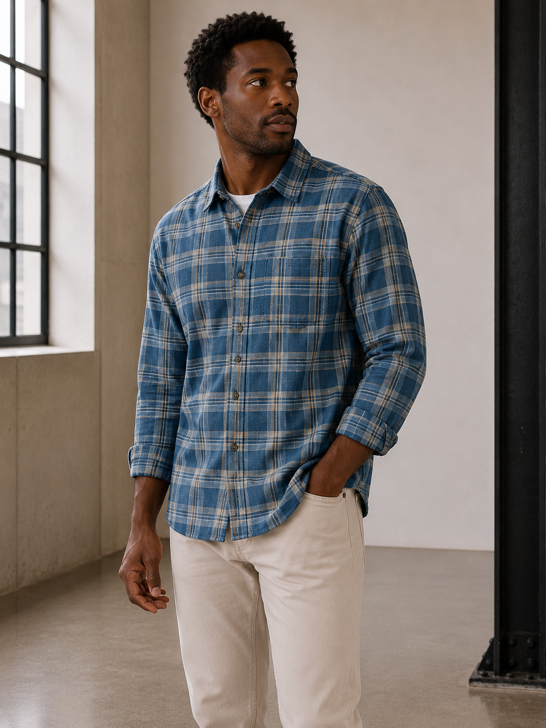 Blue Indigo Plaid Classic Stretch Selvage Shirt - 3250104141753