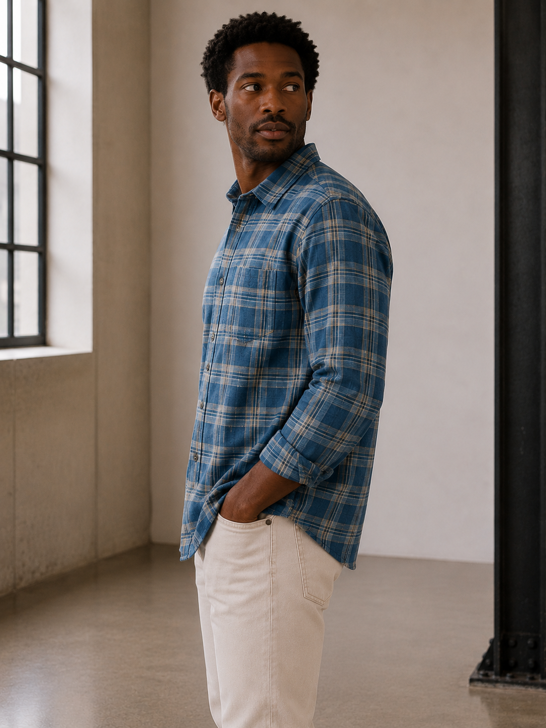 Blue Indigo Plaid Classic Stretch Selvage Shirt - 3250104141753