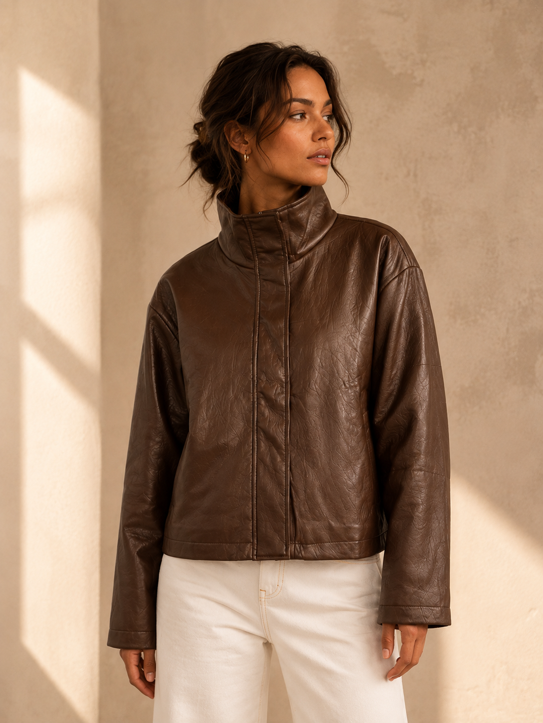 Chocolate Wren Drop Shoulder Leather Jacket - KJ67401
