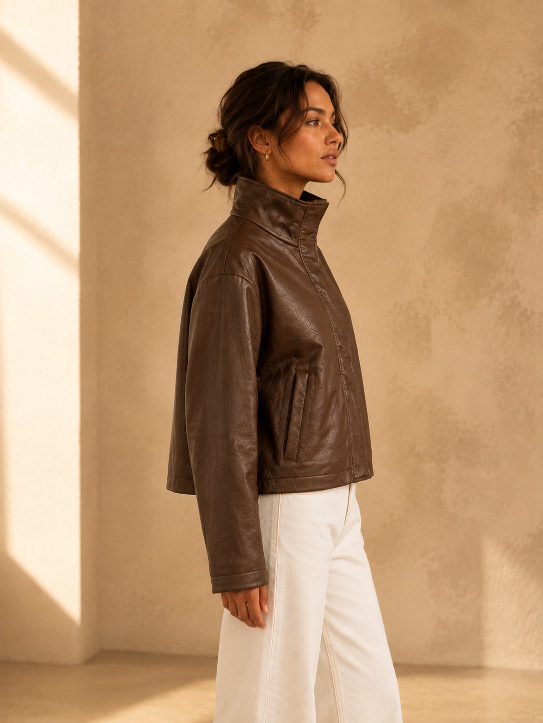 Chocolate Wren Drop Shoulder Leather Jacket - KJ67401
