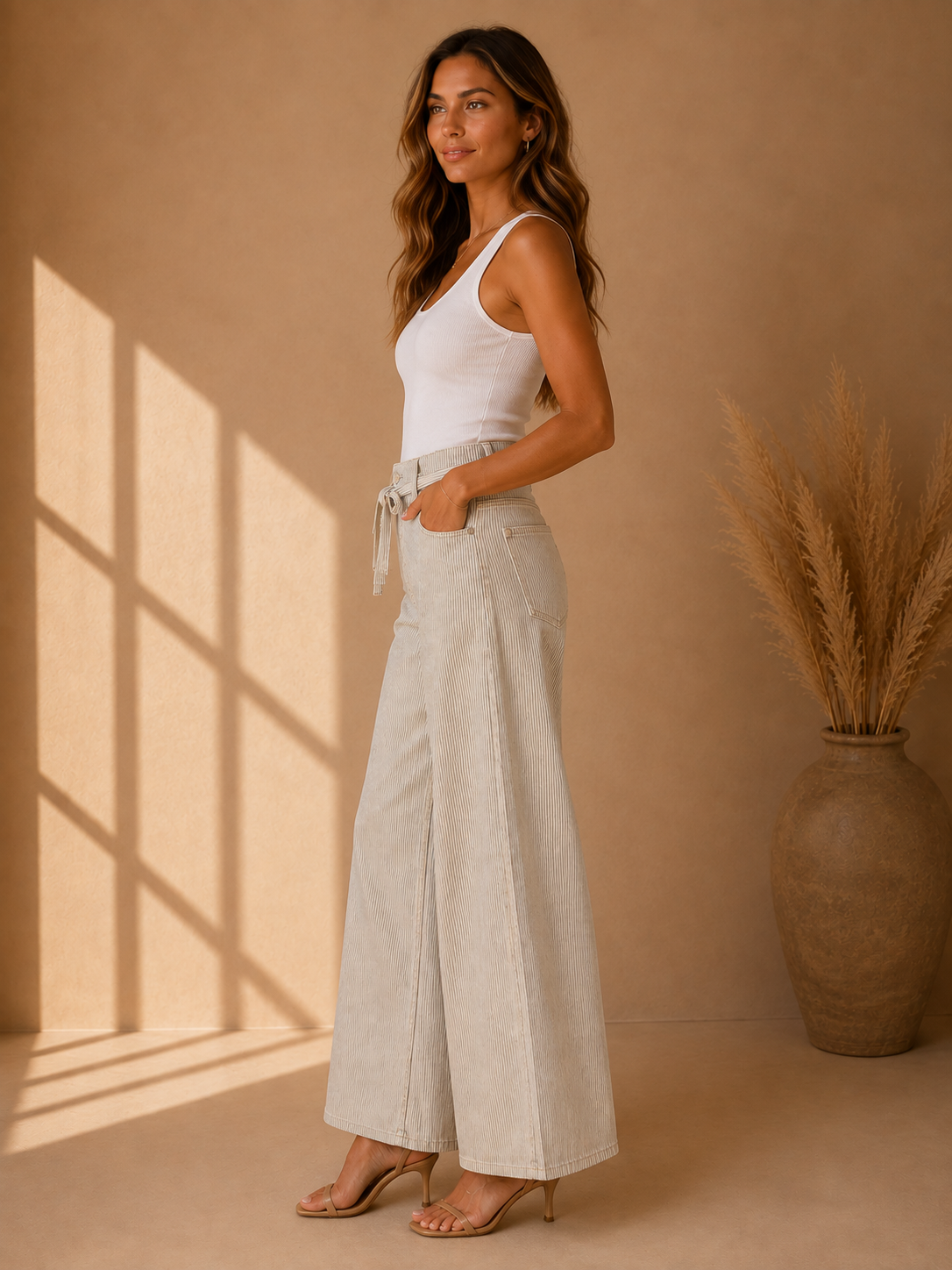 Stripe High Rise Wide Leg Pants - V3836STR