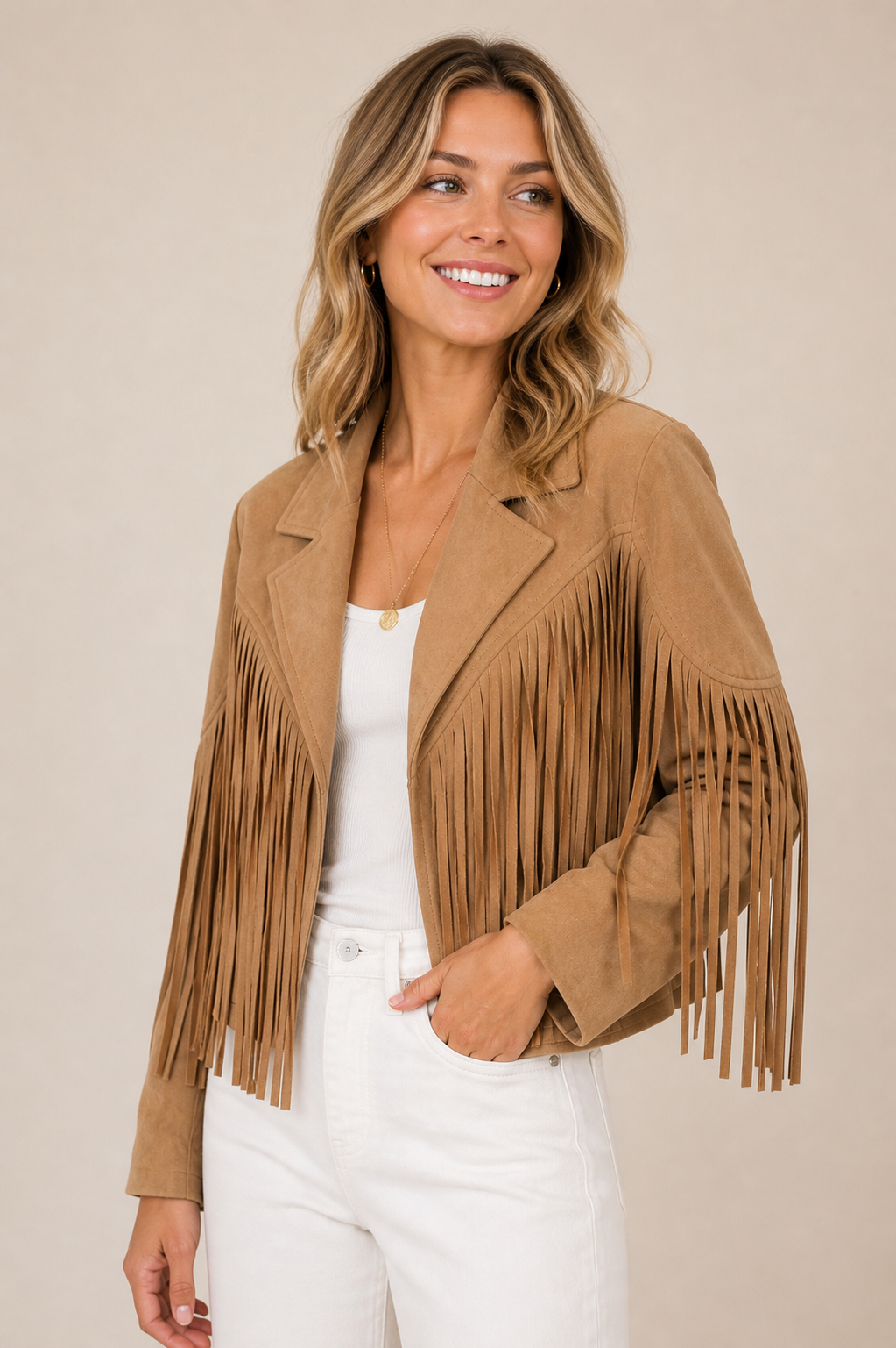 Tan Fringe Suedette Moto Jacket