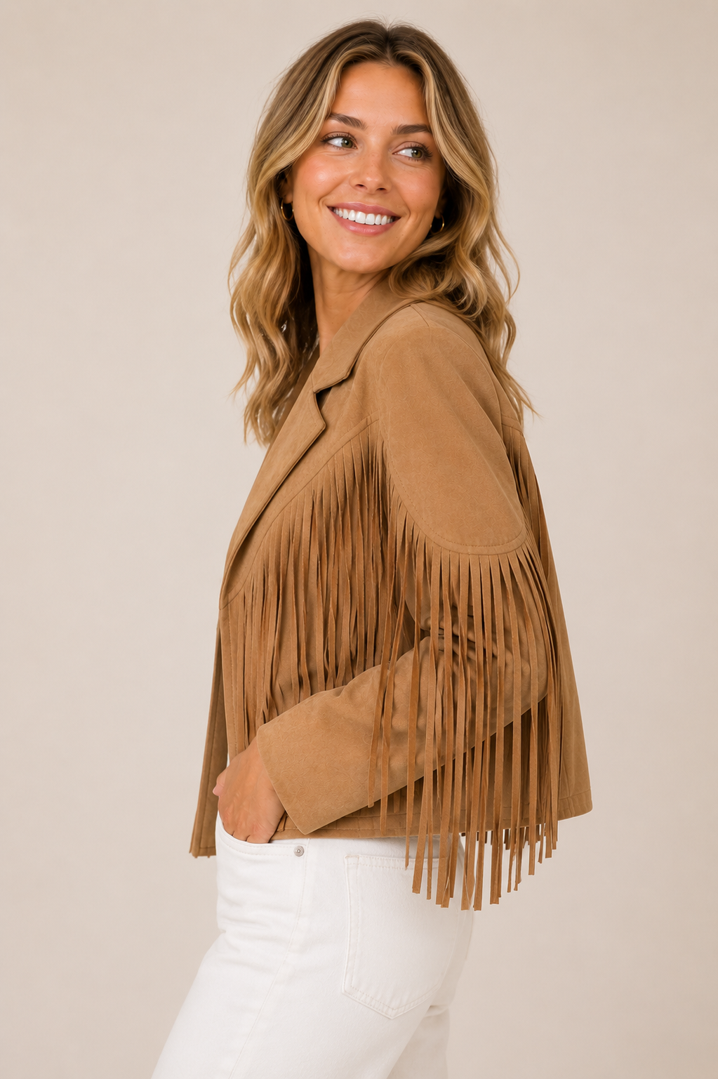 Tan Fringe Suedette Moto Jacket