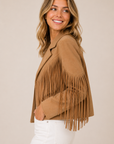 Tan Fringe Suedette Moto Jacket