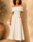 White Marjorie Off Shoulder Midi Dress