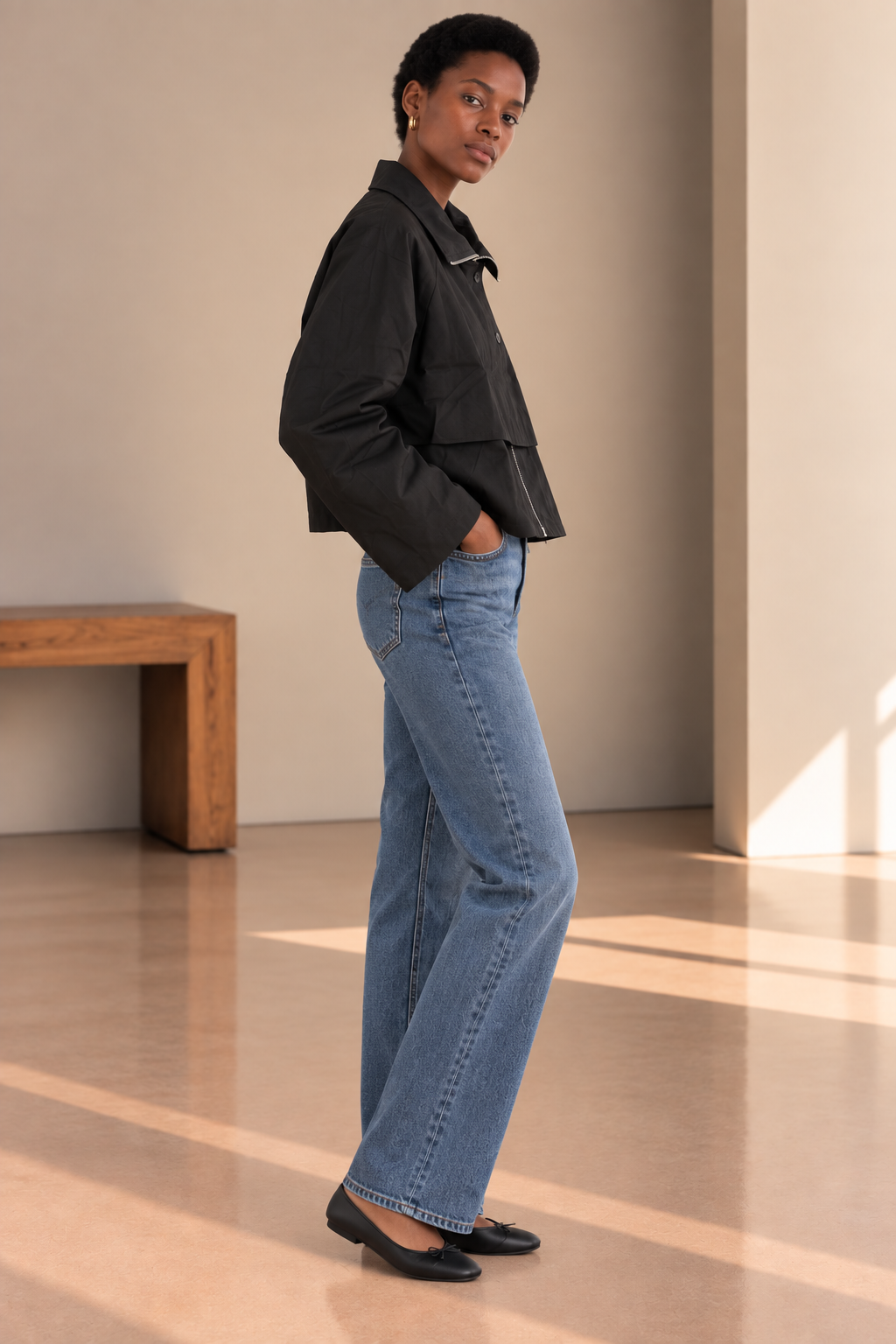 Black Jana High Neck Drawstring Jacket