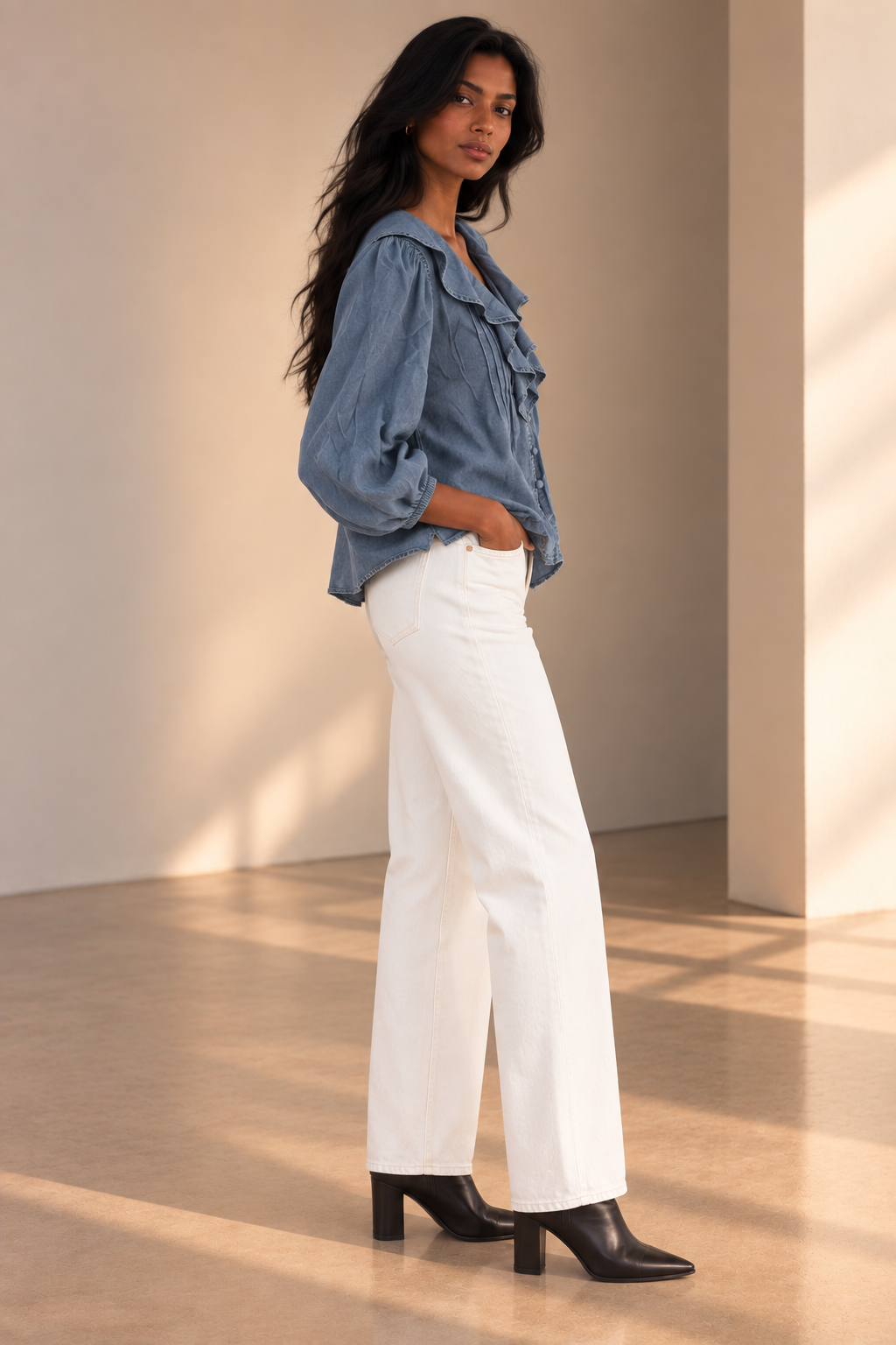 Ruffled Collar Chambray Top