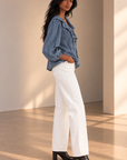 Ruffled Collar Chambray Top