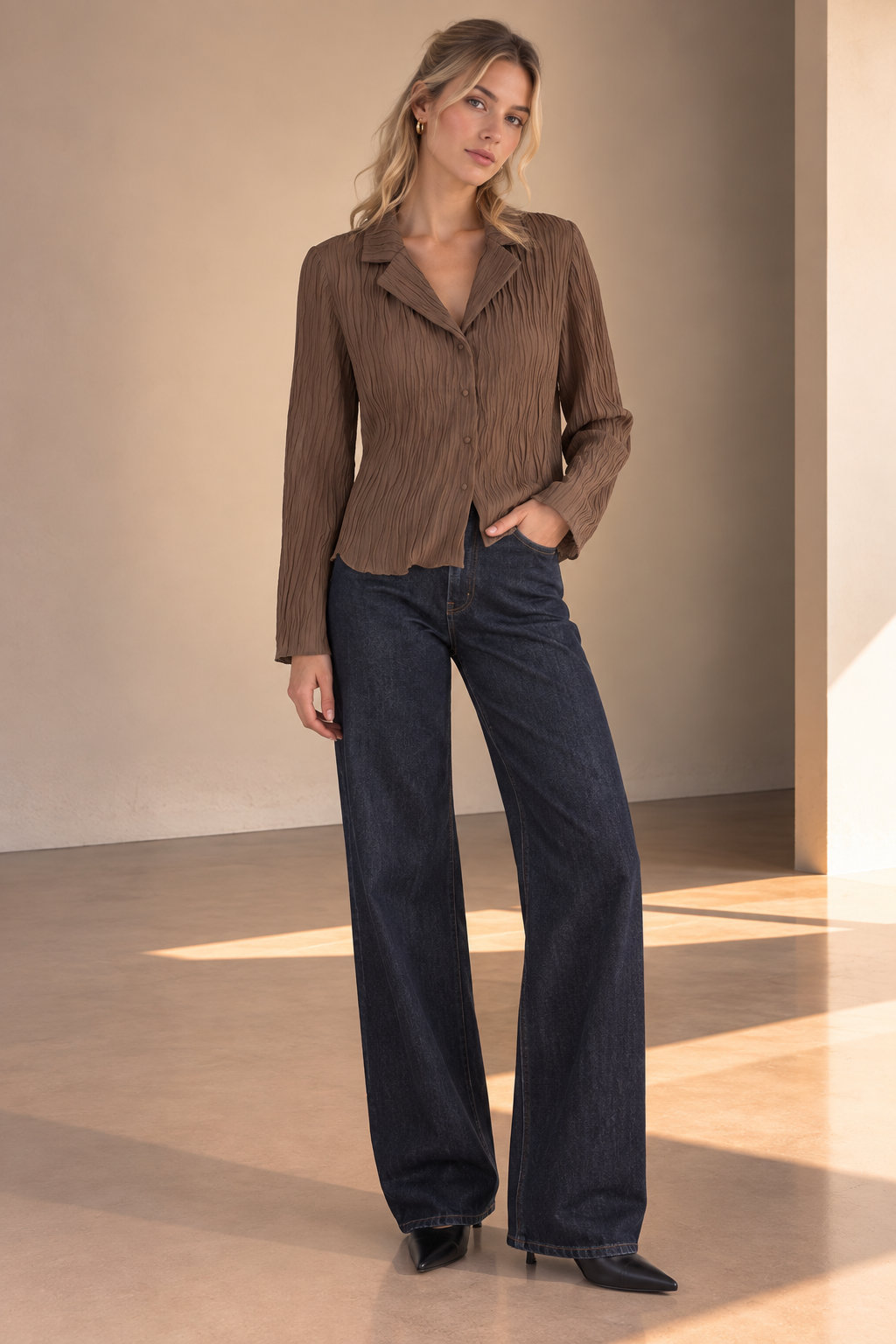 Brown Elara Button Down Long Sleeve Top