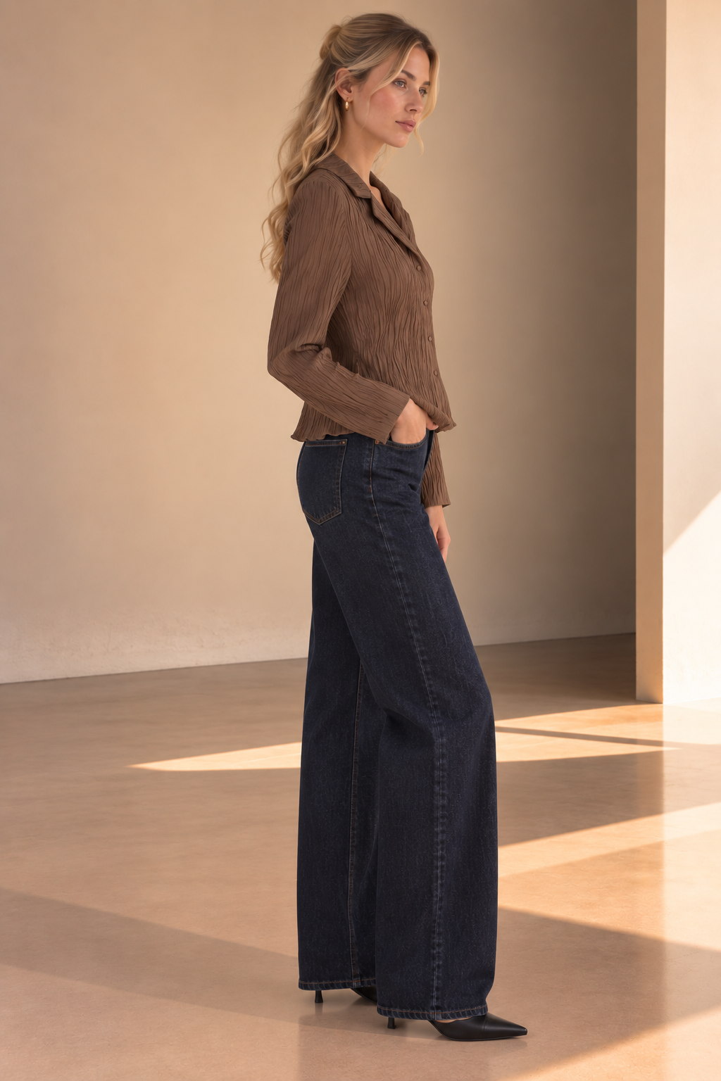 Brown Elara Button Down Long Sleeve Top