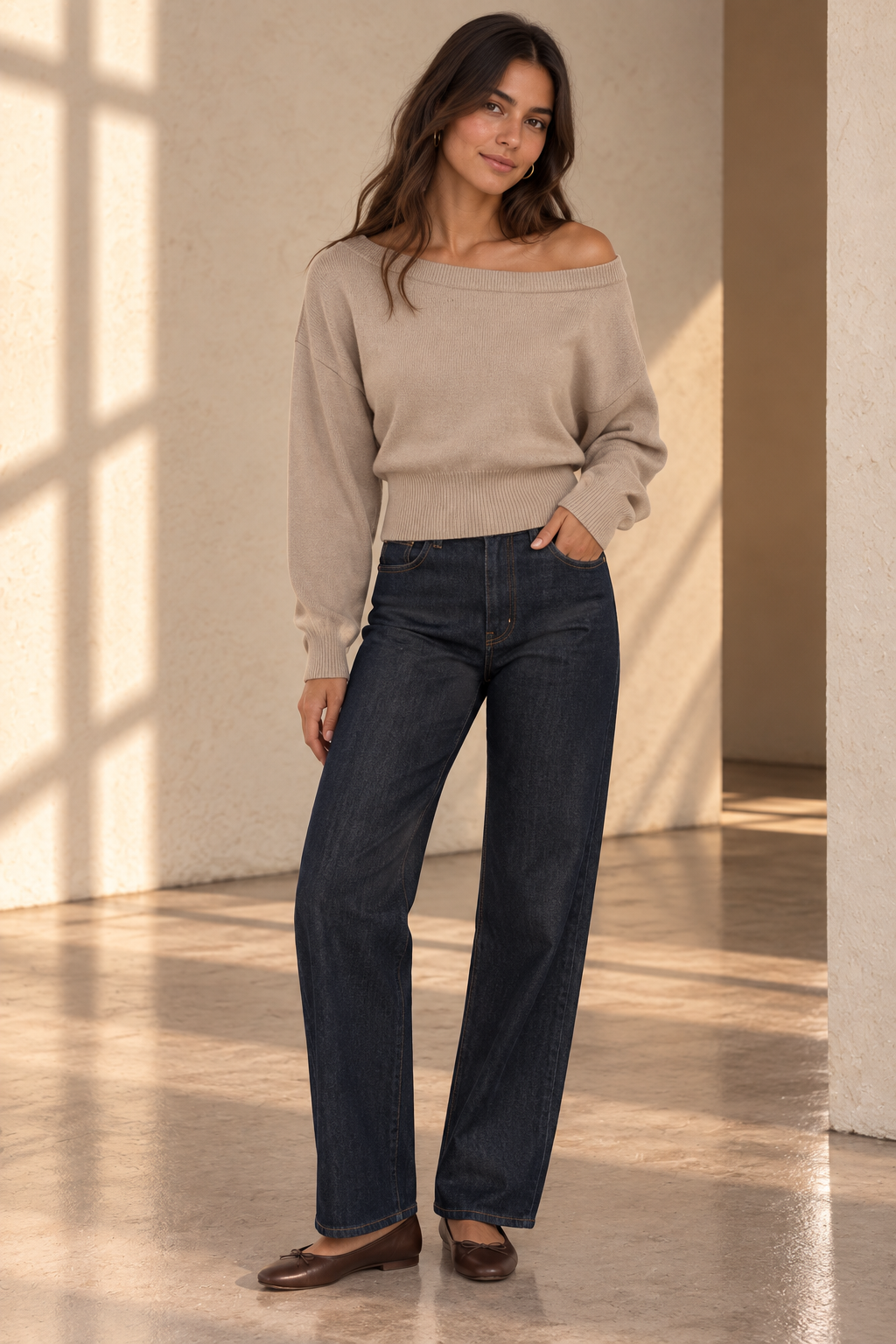Beige Aurora Off Shoulder Sweater