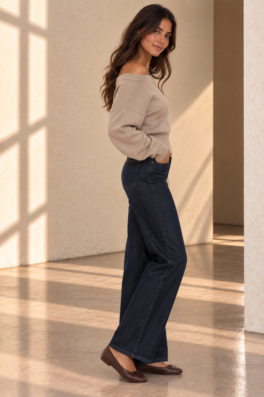 Beige Aurora Off Shoulder Sweater
