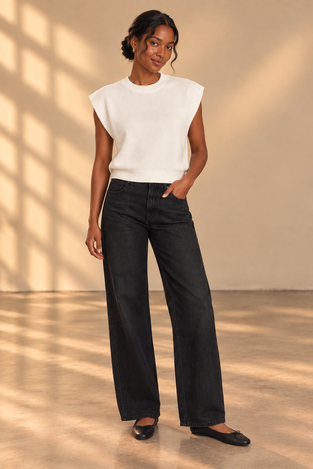 WHITE Round Neck Cap Short Sleeve Knit Top