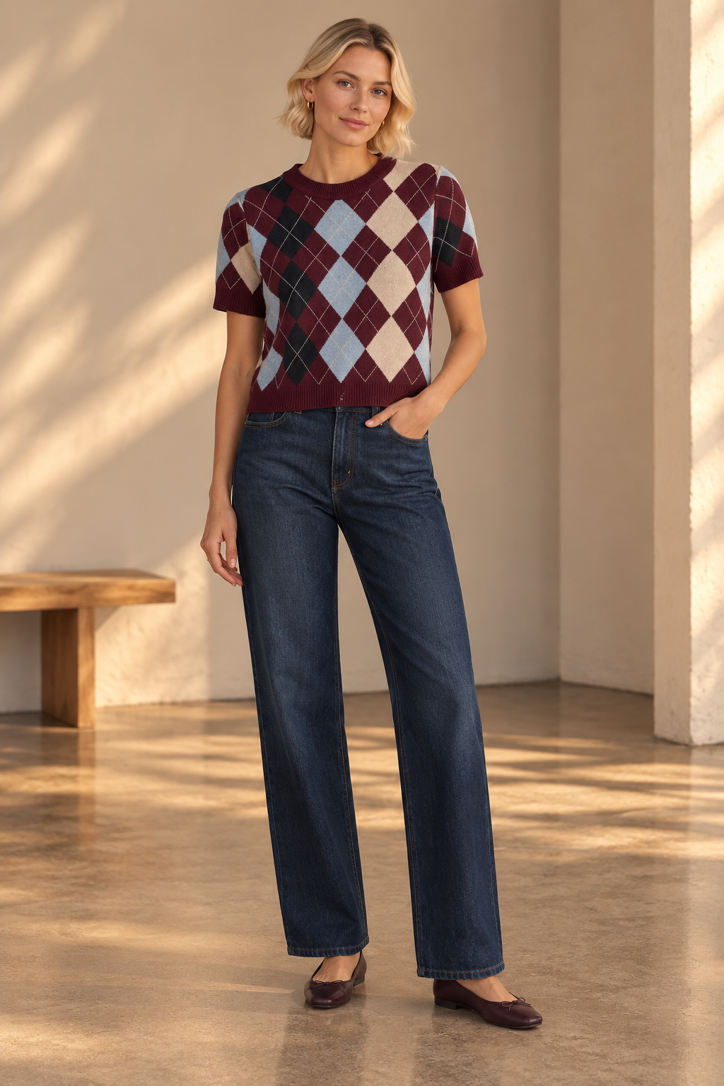 Burgundy Multi Bria Argyle Knit Top