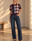Burgundy Multi Bria Argyle Knit Top