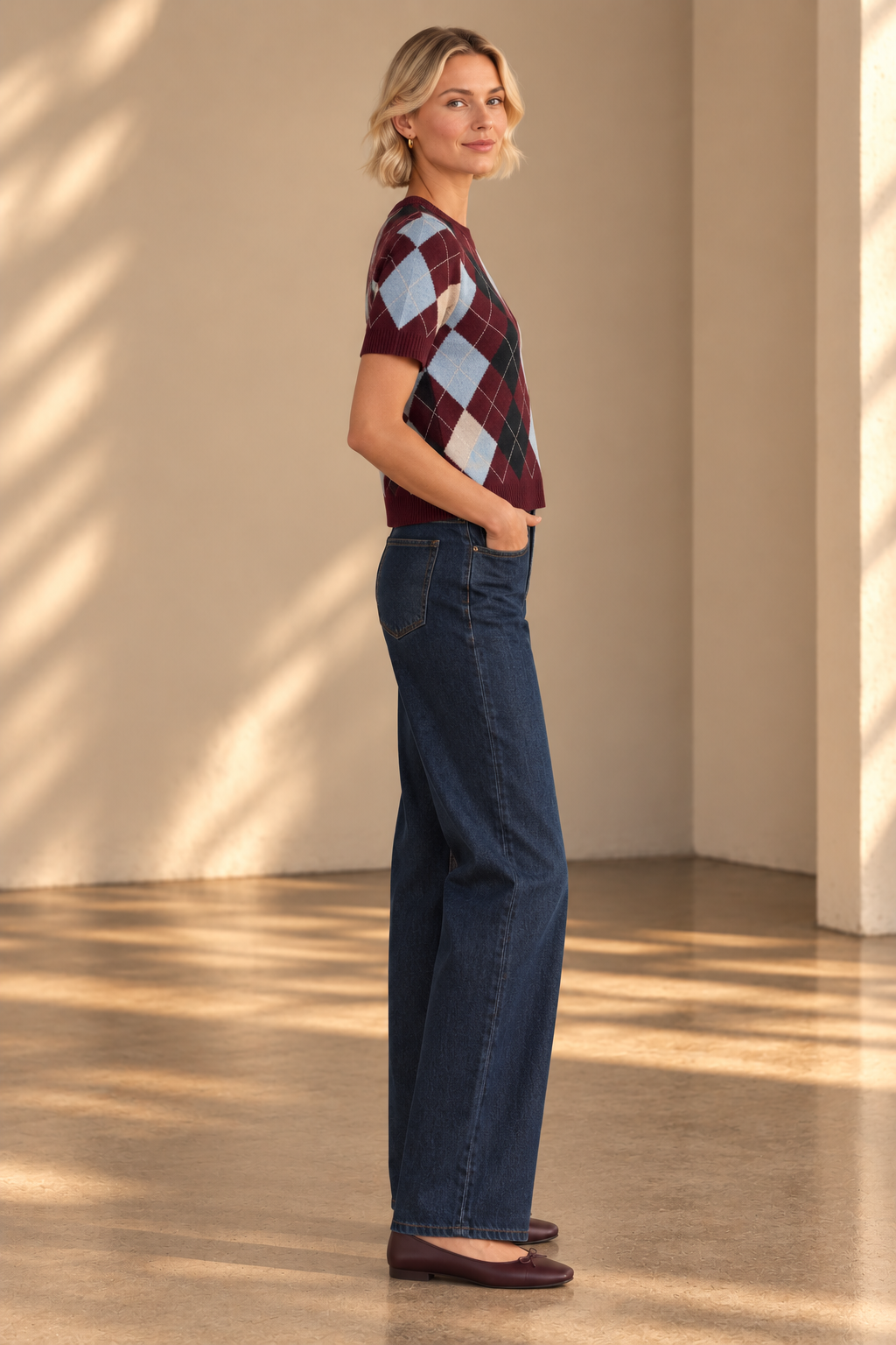 Burgundy Multi Bria Argyle Knit Top