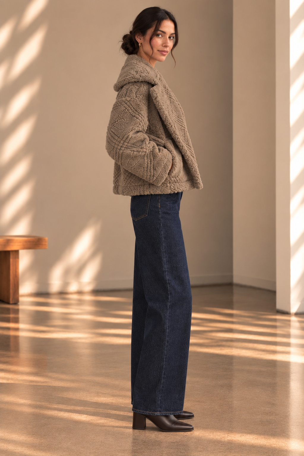 Taupe Grove Textured Vegan Fur Jacket