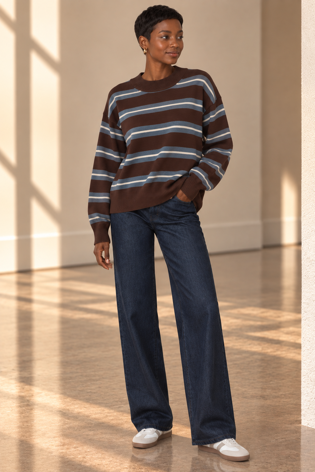Brown Stripe Crew Neck Knit Sweater