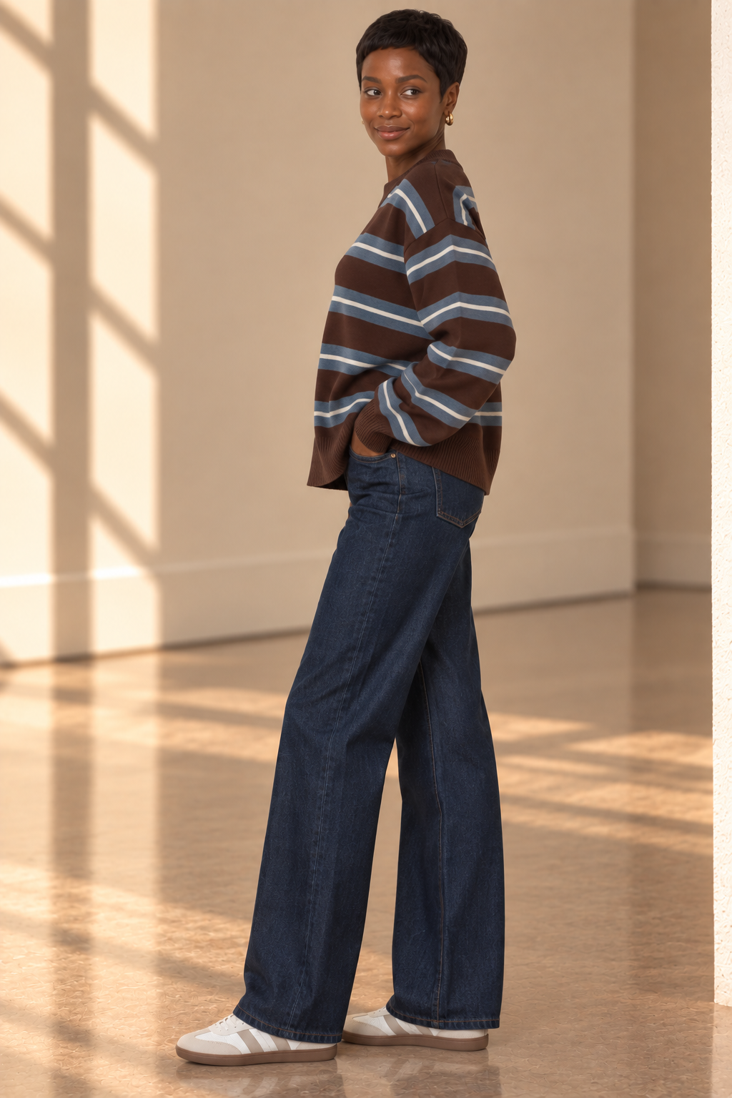Brown Stripe Crew Neck Knit Sweater