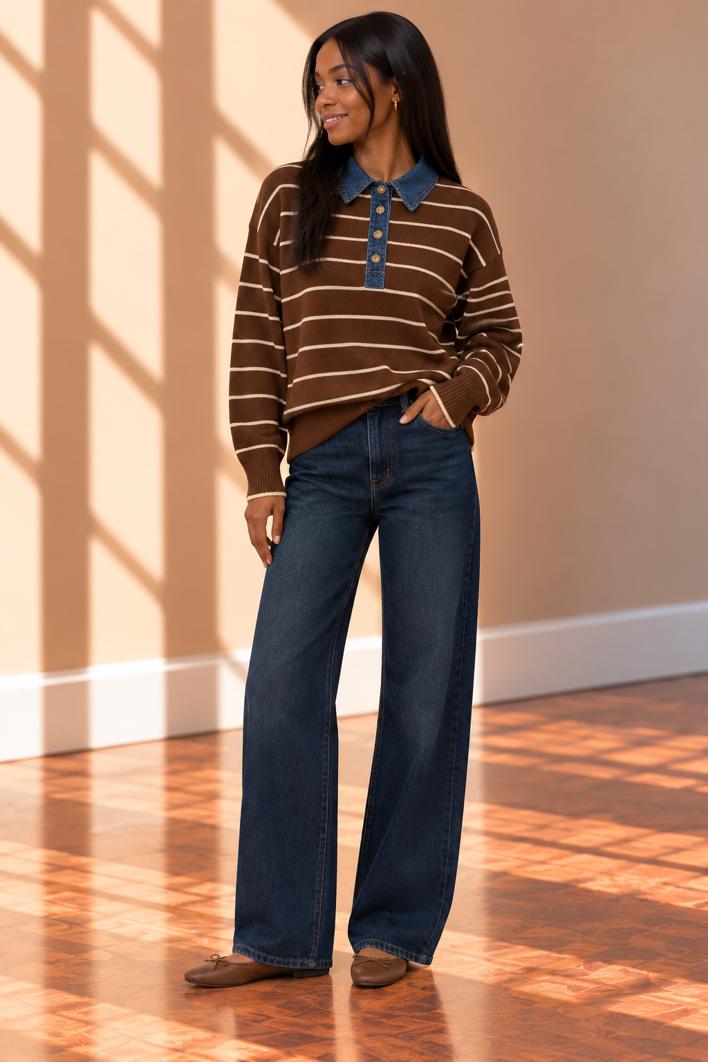 Brown Denim Collar Striped Long Sleeve Sweater