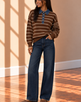 Brown Denim Collar Striped Long Sleeve Sweater