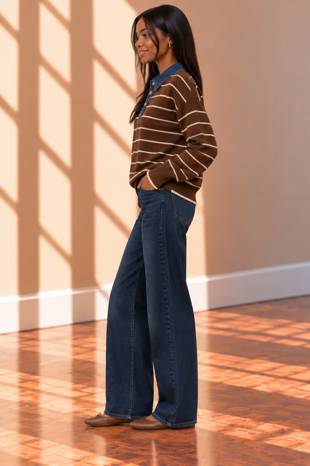 Brown Denim Collar Striped Long Sleeve Sweater