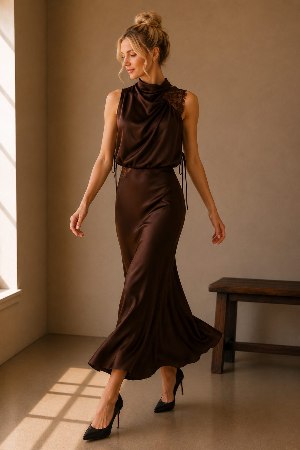 Chocolate Brown Anabelle Halter Neck Lace Maxi Dress