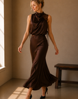 Chocolate Brown Anabelle Halter Neck Lace Maxi Dress