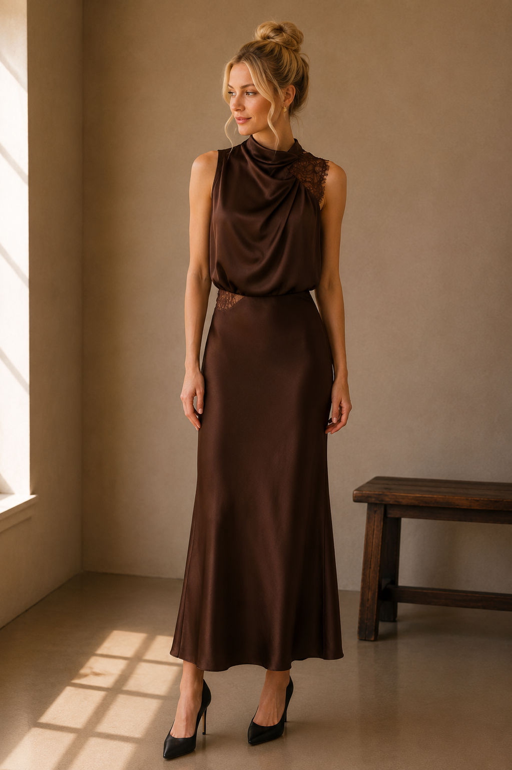 Chocolate Brown Anabelle Halter Neck Lace Maxi Dress