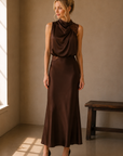 Chocolate Brown Anabelle Halter Neck Lace Maxi Dress