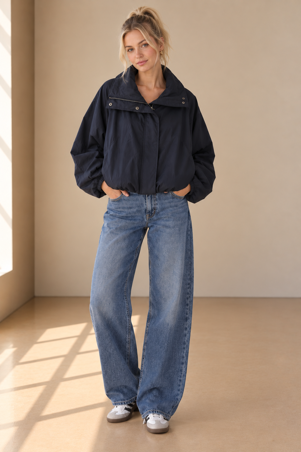 Navy Chanel Soft Woven Funnel Neck Bomber Jacket