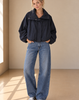 Navy Chanel Soft Woven Funnel Neck Bomber Jacket