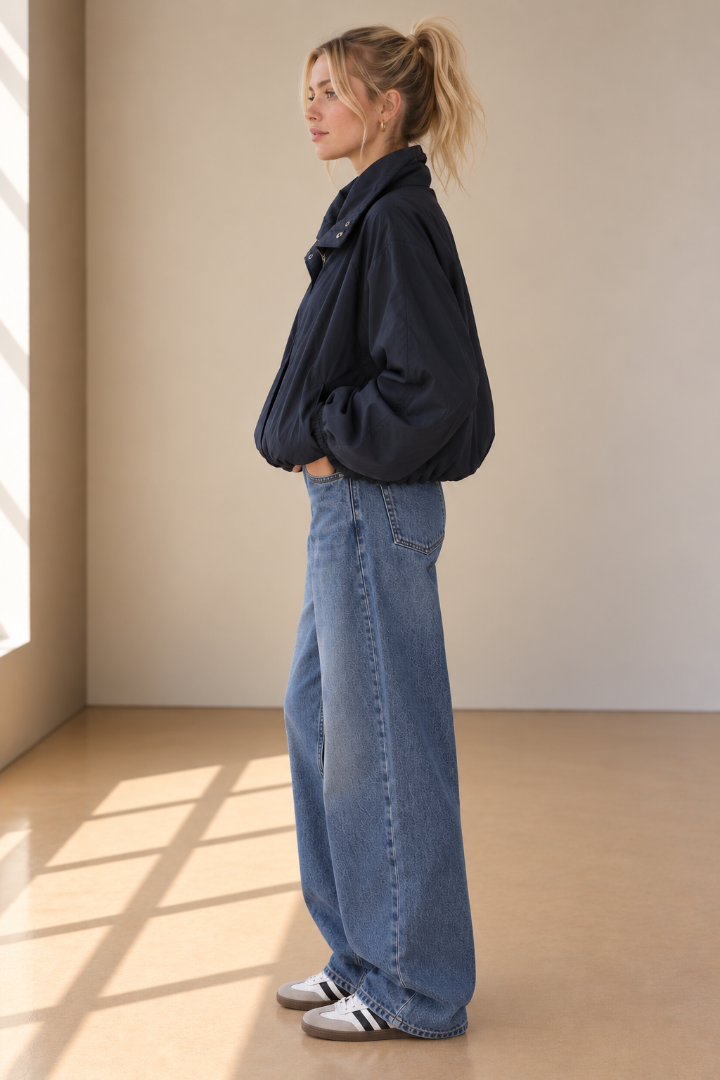 Navy Chanel Soft Woven Funnel Neck Bomber Jacket