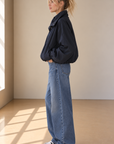 Navy Chanel Soft Woven Funnel Neck Bomber Jacket