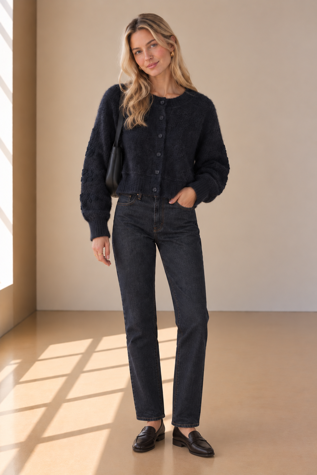 Navy Shayla Fuzzy Knitted Cardigan