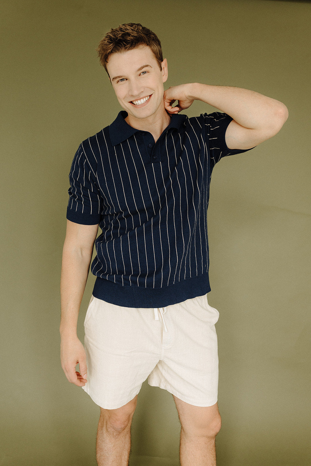 Navy &amp; Sand Pinstripe Benny Knitted Polo