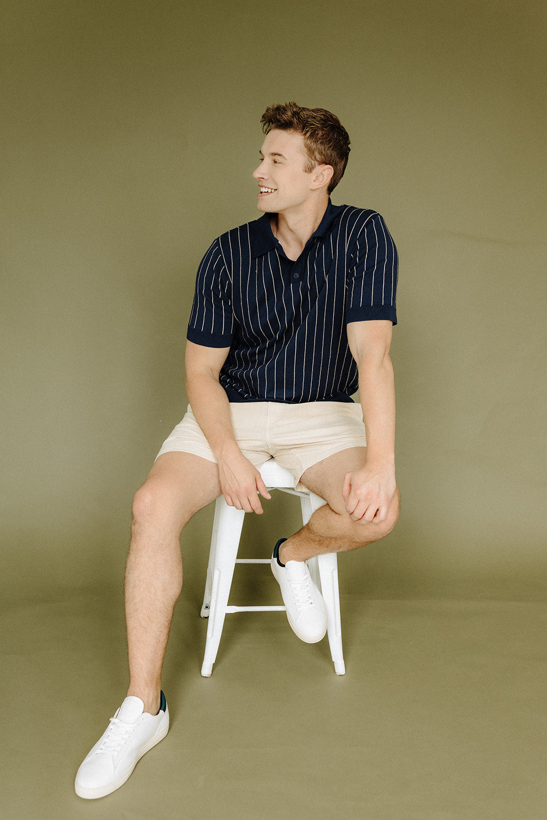 Navy &amp; Sand Pinstripe Benny Knitted Polo