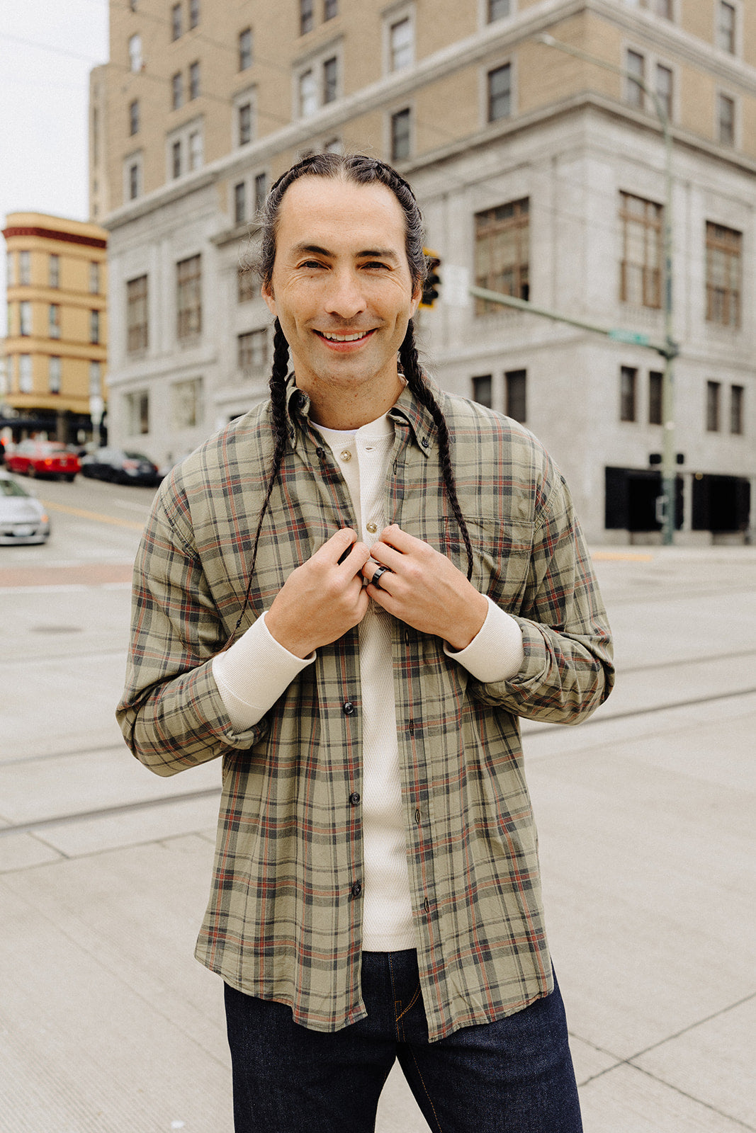 Olive Gravel Plaid Madras Button Down Shirt