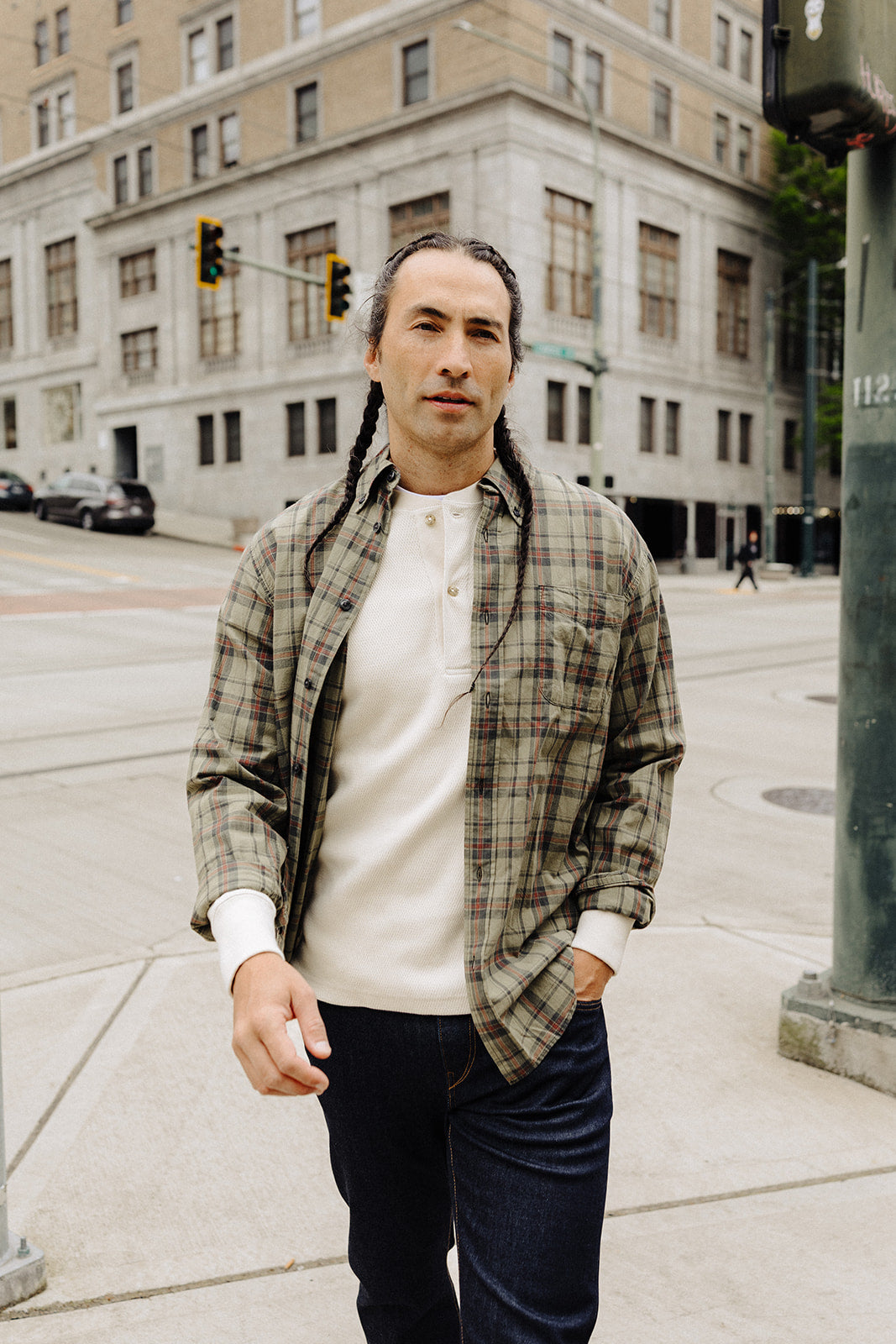 Olive Gravel Plaid Madras Button Down Shirt