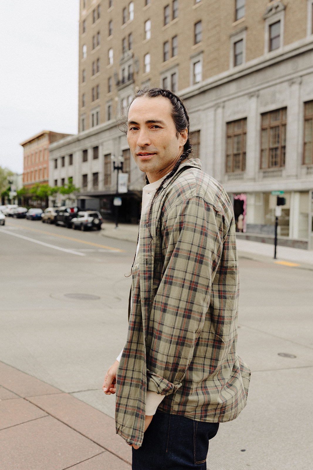 Olive Gravel Plaid Madras Button Down Shirt